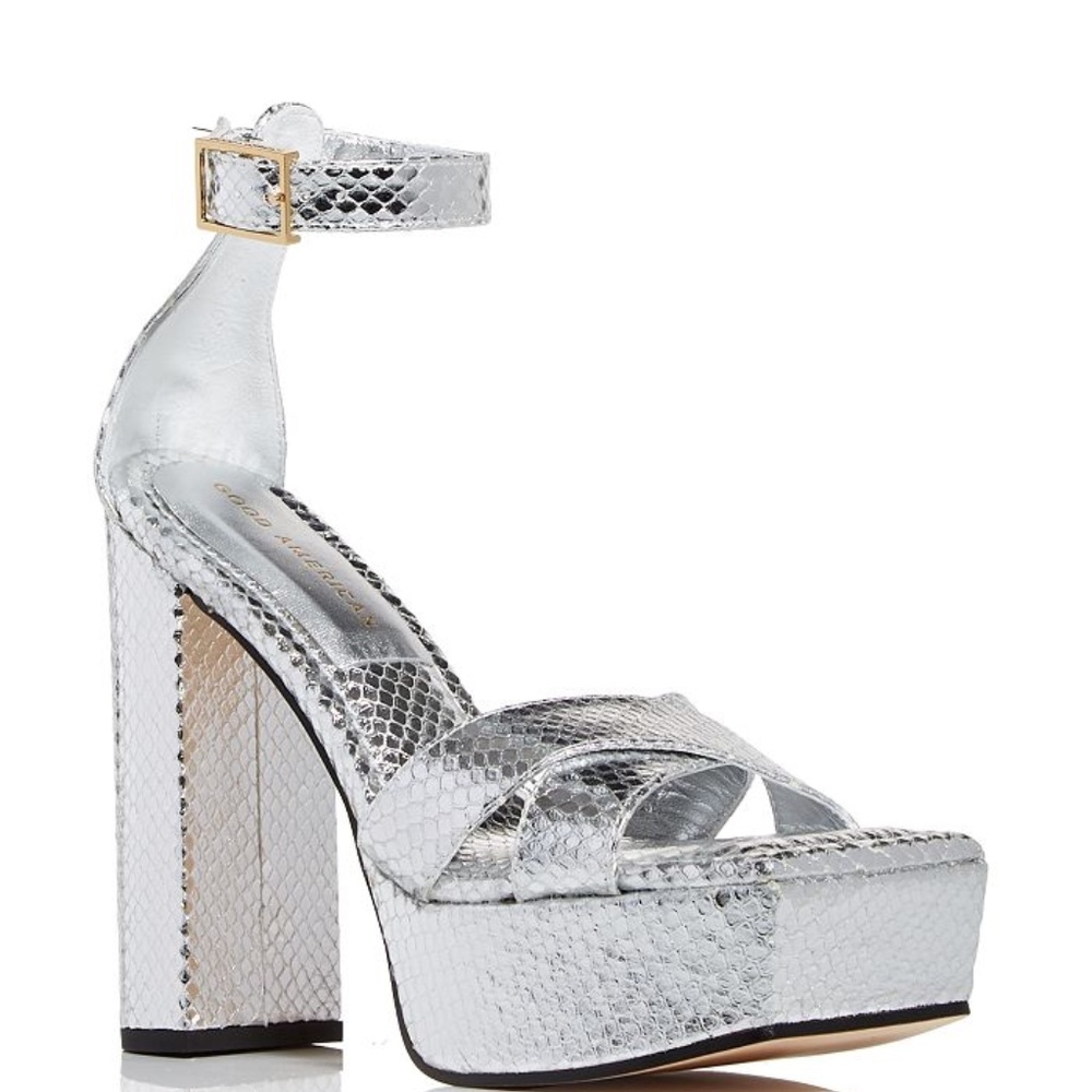 NWB: Good American Silver Snake Block Heel Sandals Sz. 9 fits more like 9.5-10
